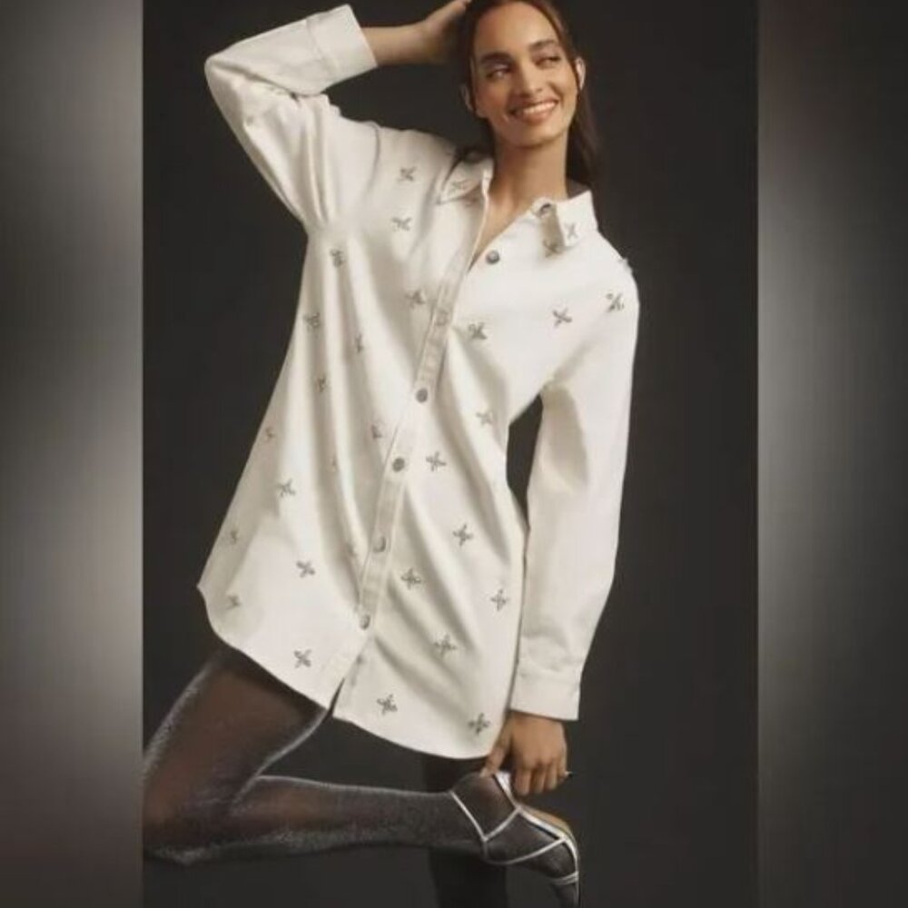 Anthropologie Rdalamal Women's Ivory Denim Embellished Shirt Dress Size Small